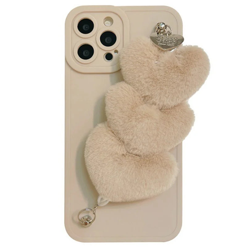 For iPhone 15 Pro Max Case Fluffy Heart Wristband TPU Phone Cover