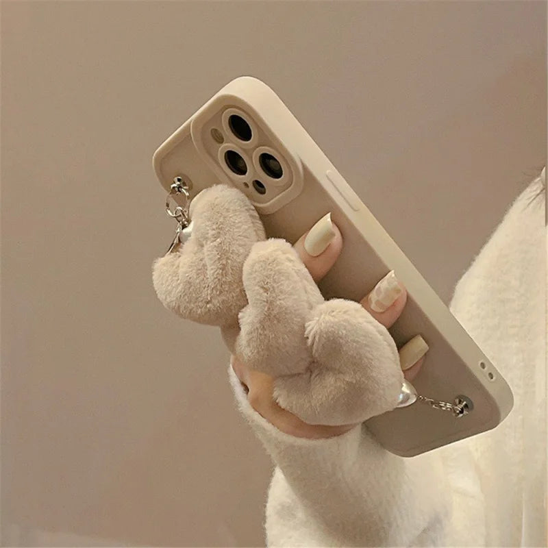 For iPhone 15 Pro Max Case Fluffy Heart Wristband TPU Phone Cover