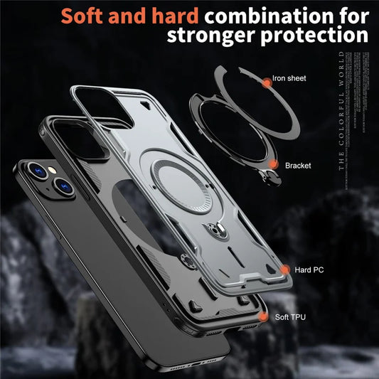 For iPhone 15 Plus Case Compatible with MagSafe Military Protection PC+TPU Kickstand Phone Cover