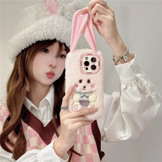 KJS-023 For iPhone 15 Pro Max Case Cute Rabbit Lens Kickstand TPU Warm Plush Handheld Phone Cover