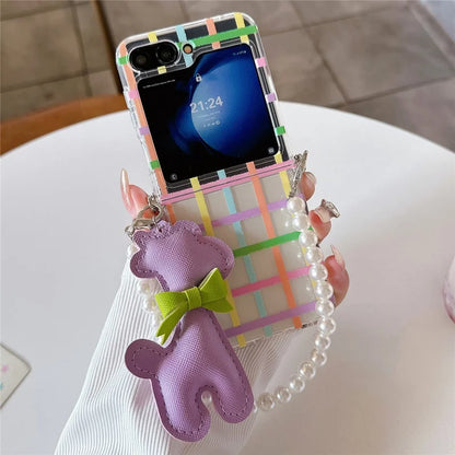 For Samsung Galaxy Z Flip6 5G Case Grids Pattern Protective Hard PC Phone Cover with Pearl Wrist Strap, Deer Decor