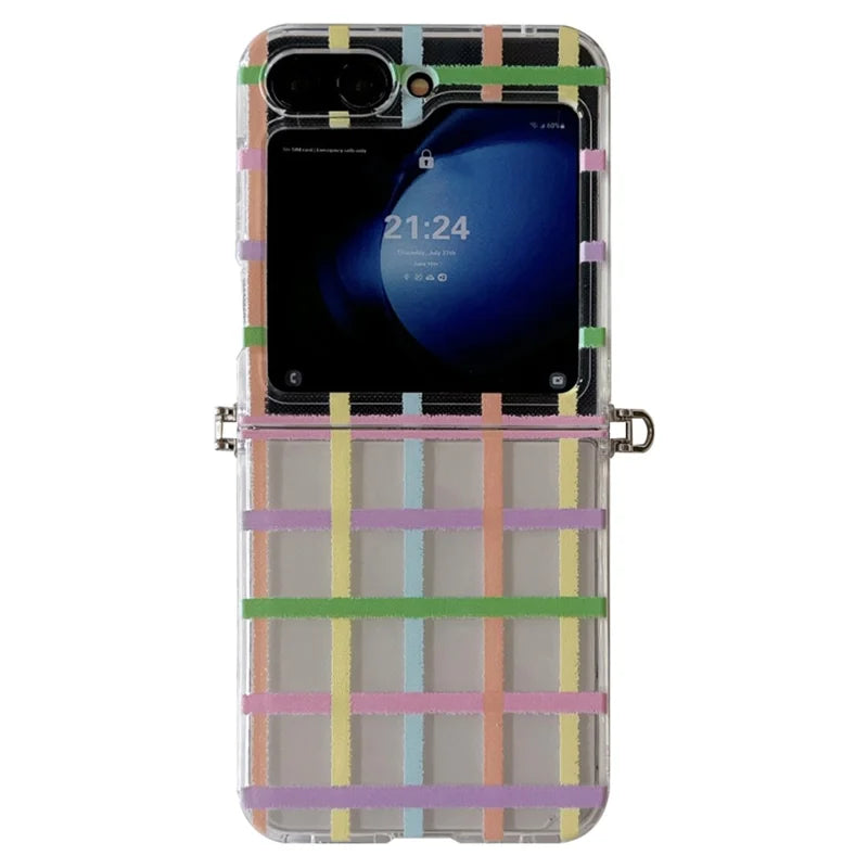 For Samsung Galaxy Z Flip6 5G Case Grids Pattern Protective Hard PC Phone Cover with Pearl Wrist Strap, Deer Decor