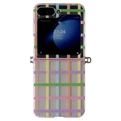 For Samsung Galaxy Z Flip6 5G Case Grids Pattern Protective Hard PC Phone Cover with Pearl Wrist Strap, Deer Decor