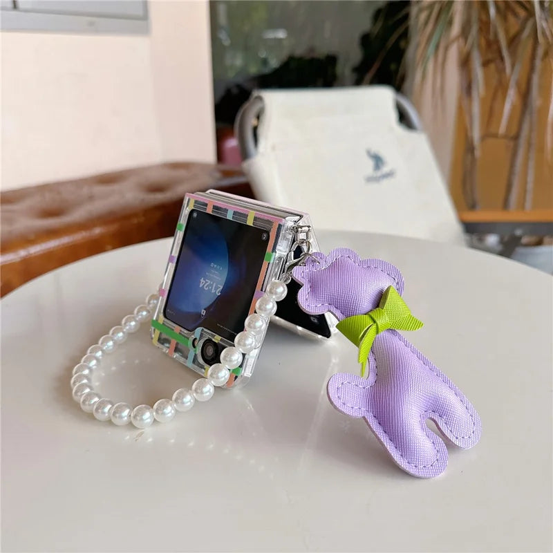 For Samsung Galaxy Z Flip6 5G Case Grids Pattern Protective Hard PC Phone Cover with Pearl Wrist Strap, Deer Decor