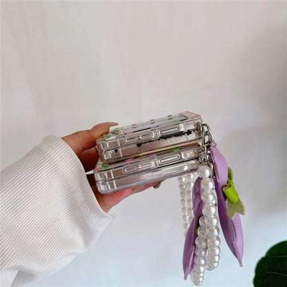 For Samsung Galaxy Z Flip6 5G Case Grids Pattern Protective Hard PC Phone Cover with Pearl Wrist Strap, Deer Decor