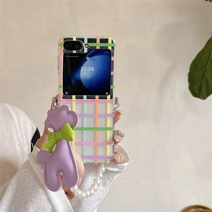 For Samsung Galaxy Z Flip6 5G Case Grids Pattern Protective Hard PC Phone Cover with Pearl Wrist Strap, Deer Decor