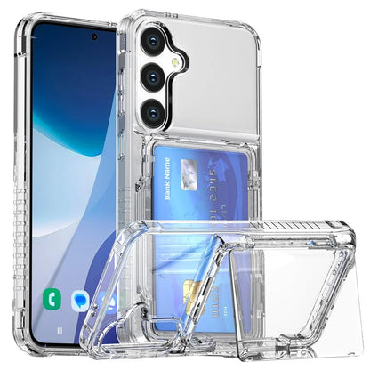 For Samsung Galaxy S25+ Clear Case PC+TPU Phone Cover Card Holder Kickstand - Transparent