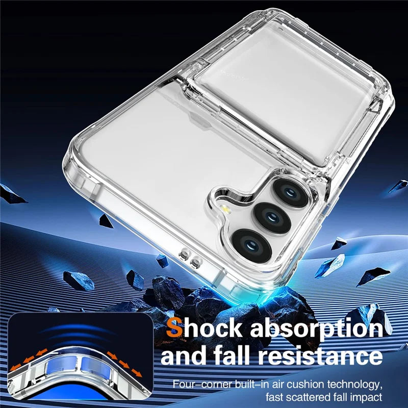 For Samsung Galaxy S25+ Clear Case PC+TPU Phone Cover Card Holder Kickstand