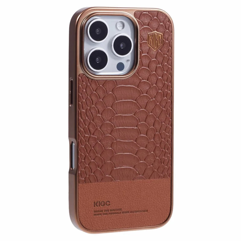 KIGC For iPhone 16 Pro Max Case Compatible with MagSafe Crocodile Texture PU+PC+TPU Electroplating Phone Cover - Titanium Gold