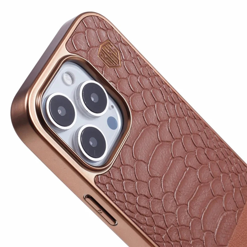 KIGC For iPhone 16 Pro Max Case Compatible with MagSafe Crocodile Texture PU+PC+TPU Electroplating Phone Cover