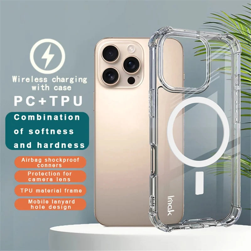 IMAK For iPhone 16 Pro Max Clear Case Compatible with MagSafe Shockproof PC+TPU Phone Cover