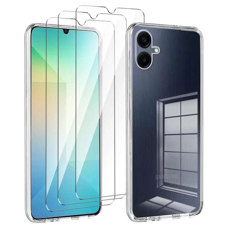 For Samsung Galaxy A06 Case TPU Clear Phone Cover + 3PCS Tempered Glass Screen Film 2.5D Arc Edge