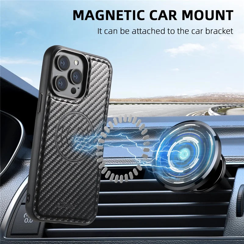SUTENI H18 For iPhone 12 Pro Max Magnetic Case Carbon Fiber Texture Leather+TPU Cover with Detachable Card Bag