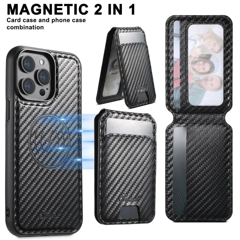 SUTENI H18 For iPhone 12 Pro Max Magnetic Case Carbon Fiber Texture Leather+TPU Cover with Detachable Card Bag