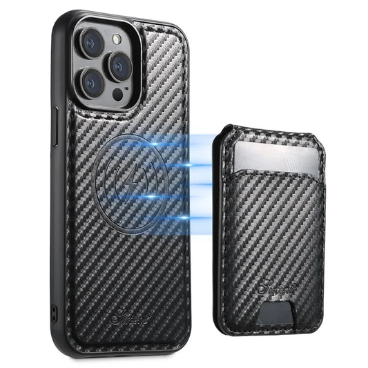 SUTENI H18 For iPhone 12 Pro Magnetic Case Carbon Fiber Texture Leather+TPU Cover with Detachable Card Bag