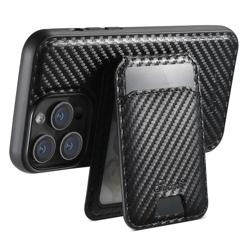 SUTENI H18 For iPhone 12 Pro Magnetic Case Carbon Fiber Texture Leather+TPU Cover with Detachable Card Bag