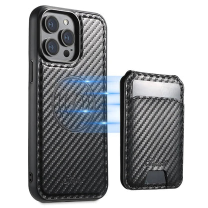 SUTENI H18 For iPhone 13 Pro Magnetic Case Carbon Fiber Texture Leather+TPU Cover with Detachable Card Bag