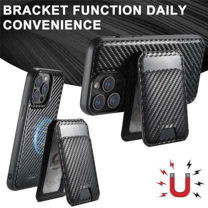 SUTENI H18 For iPhone 13 Pro Magnetic Case Carbon Fiber Texture Leather+TPU Cover with Detachable Card Bag