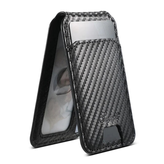 SUTENI H18 For iPhone 14 Pro Magnetic Case Carbon Fiber Texture Leather+TPU Cover with Detachable Card Bag
