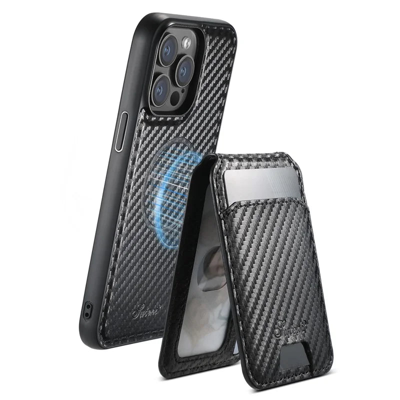 SUTENI H18 For iPhone 14 Pro Magnetic Case Carbon Fiber Texture Leather+TPU Cover with Detachable Card Bag