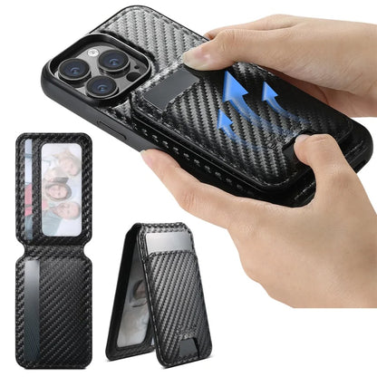 SUTENI H18 For iPhone 14 Pro Magnetic Case Carbon Fiber Texture Leather+TPU Cover with Detachable Card Bag