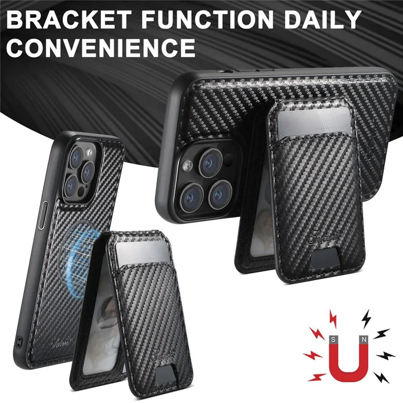 SUTENI H18 For iPhone 14 Pro Magnetic Case Carbon Fiber Texture Leather+TPU Cover with Detachable Card Bag