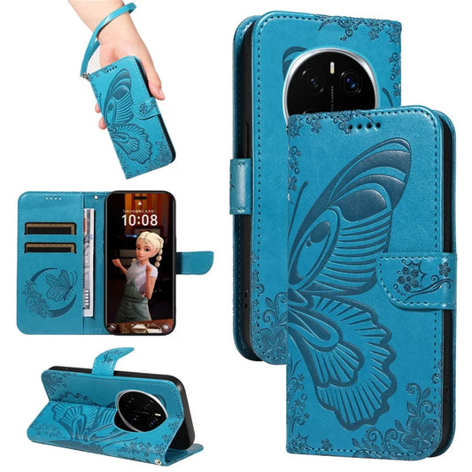 For Honor Magic7 Pro 5G Case Butterfly Pattern PU Leather Folio Flip Phone Cover -  Blue