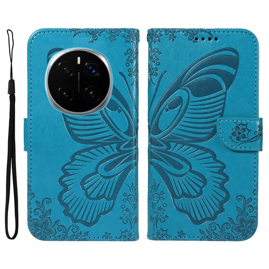 For Honor Magic7 Pro 5G Case Butterfly Pattern PU Leather Folio Flip Phone Cover -  Blue