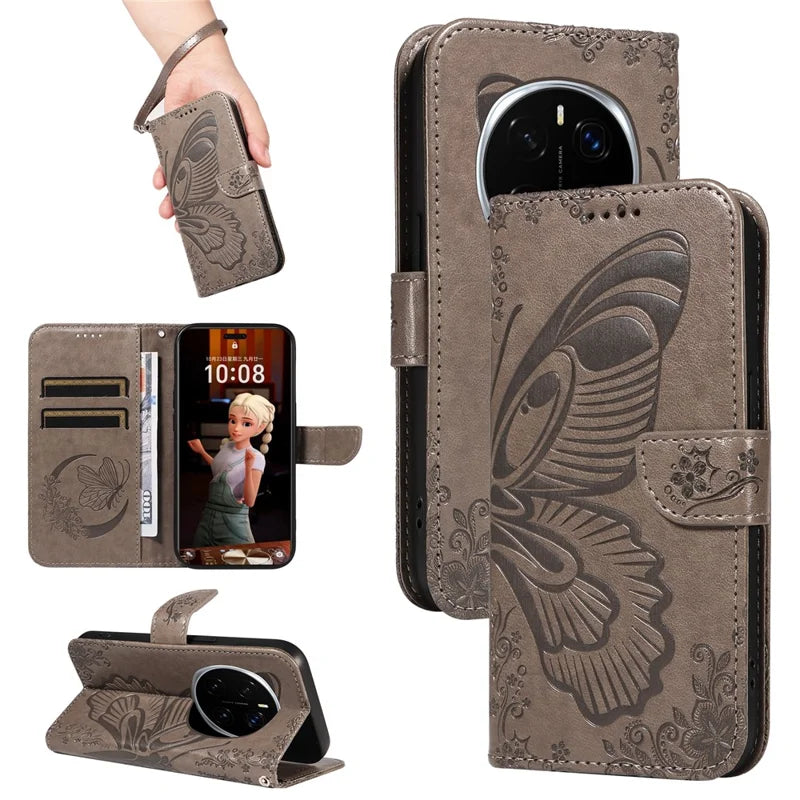 For Honor Magic7 Pro 5G Case Butterfly Pattern PU Leather Folio Flip Phone Cover - Grey