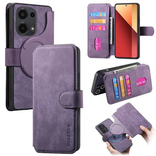 For Xiaomi Redmi Note 13 4G Case CASENEO Detachable Magnetic RFID Block Leather Phone Wallet Cover - Purple 