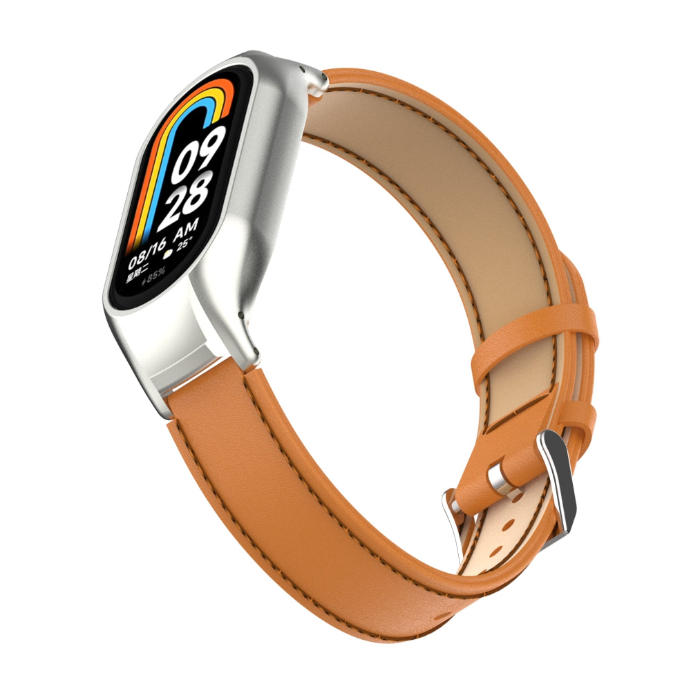 For Xiaomi Smart Band 8 Stitching Microfiber Leather Watch Band Replacement Strap with Metal Frame Case