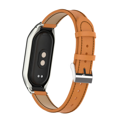 For Xiaomi Smart Band 8 Stitching Microfiber Leather Watch Band Replacement Strap with Metal Frame Case