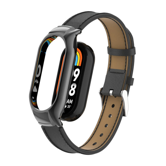 For Xiaomi Smart Band 8 Stitching Microfiber Leather Watch Band Replacement Strap with Metal Frame Case