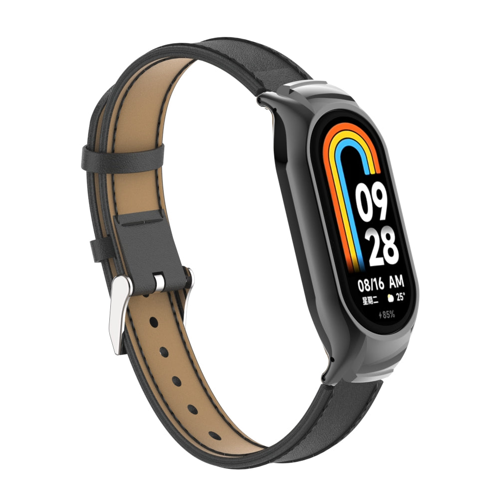 For Xiaomi Smart Band 8 Stitching Microfiber Leather Watch Band Replacement Strap with Metal Frame Case