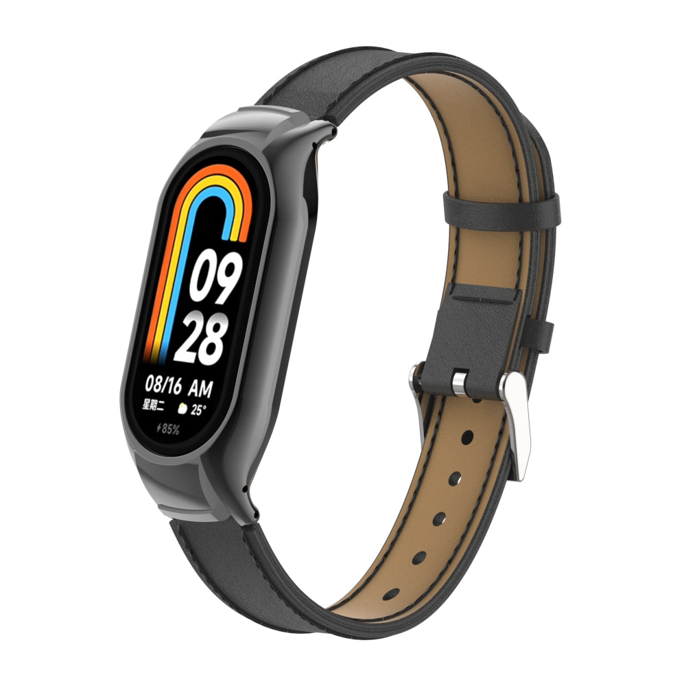 For Xiaomi Smart Band 8 Stitching Microfiber Leather Watch Band Replacement Strap with Metal Frame Case