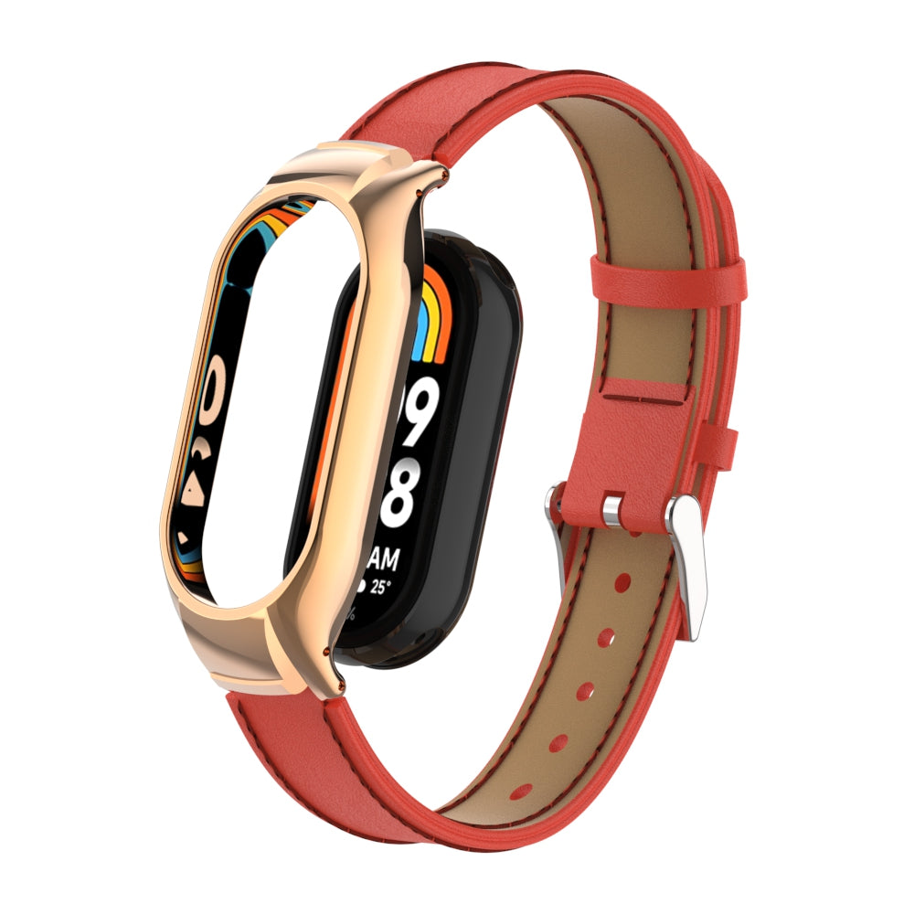 For Xiaomi Smart Band 8 Stitching Microfiber Leather Watch Band Replacement Strap with Metal Frame Case