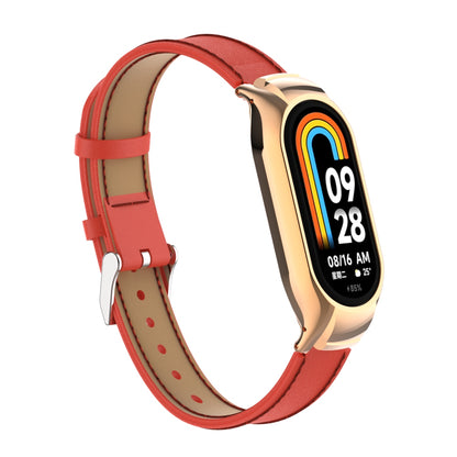 For Xiaomi Smart Band 8 Stitching Microfiber Leather Watch Band Replacement Strap with Metal Frame Case
