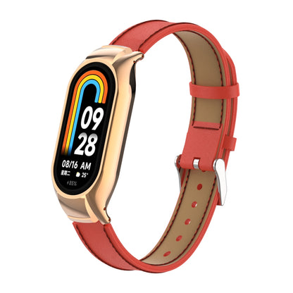 For Xiaomi Smart Band 8 Stitching Microfiber Leather Watch Band Replacement Strap with Metal Frame Case