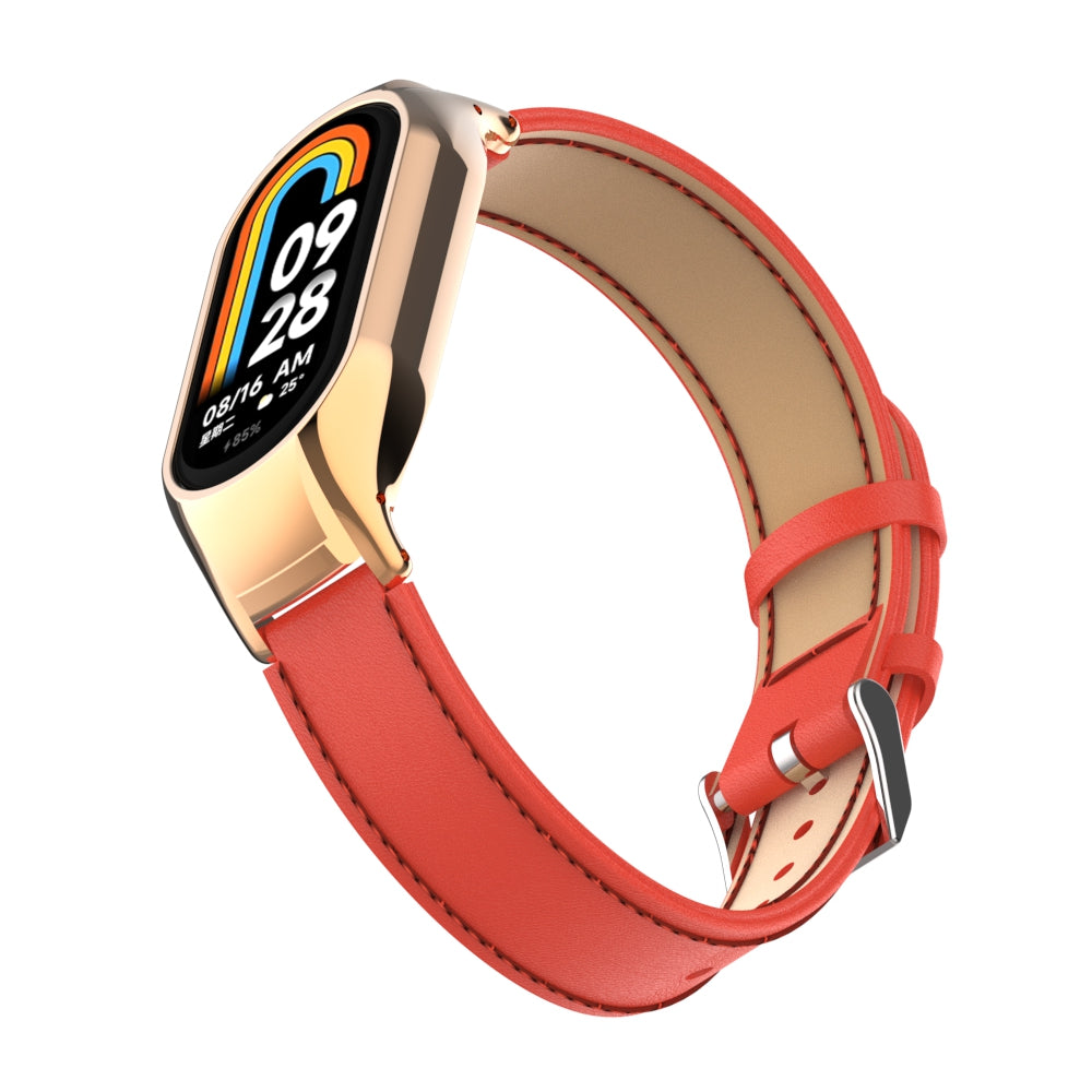 For Xiaomi Smart Band 8 Stitching Microfiber Leather Watch Band Replacement Strap with Metal Frame Case