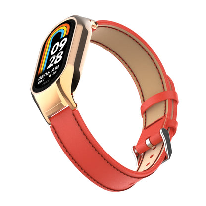 For Xiaomi Smart Band 8 Stitching Microfiber Leather Watch Band Replacement Strap with Metal Frame Case