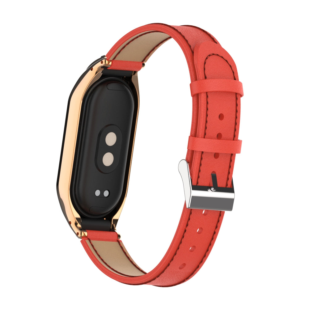For Xiaomi Smart Band 8 Stitching Microfiber Leather Watch Band Replacement Strap with Metal Frame Case