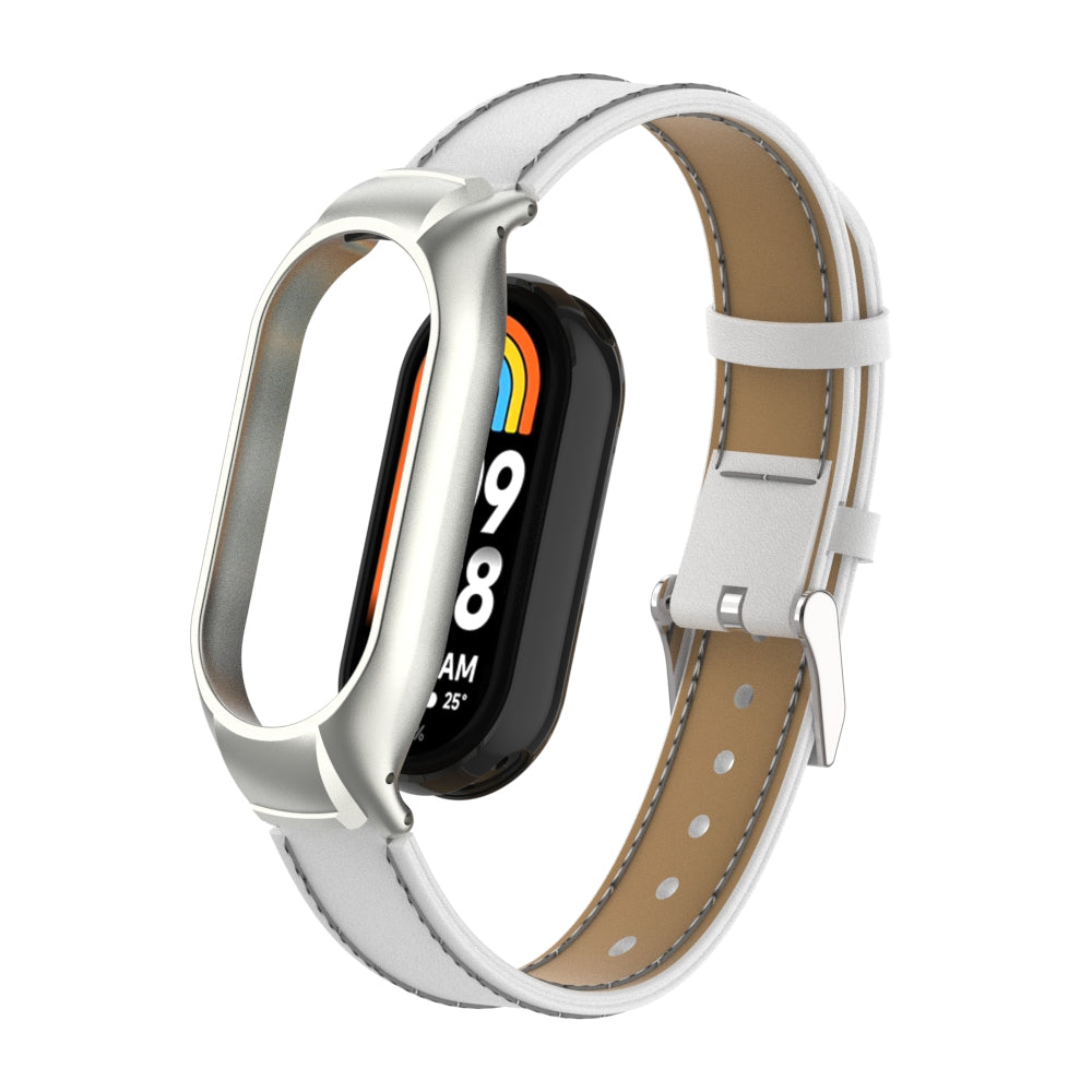 For Xiaomi Smart Band 8 Stitching Microfiber Leather Watch Band Replacement Strap with Metal Frame Case
