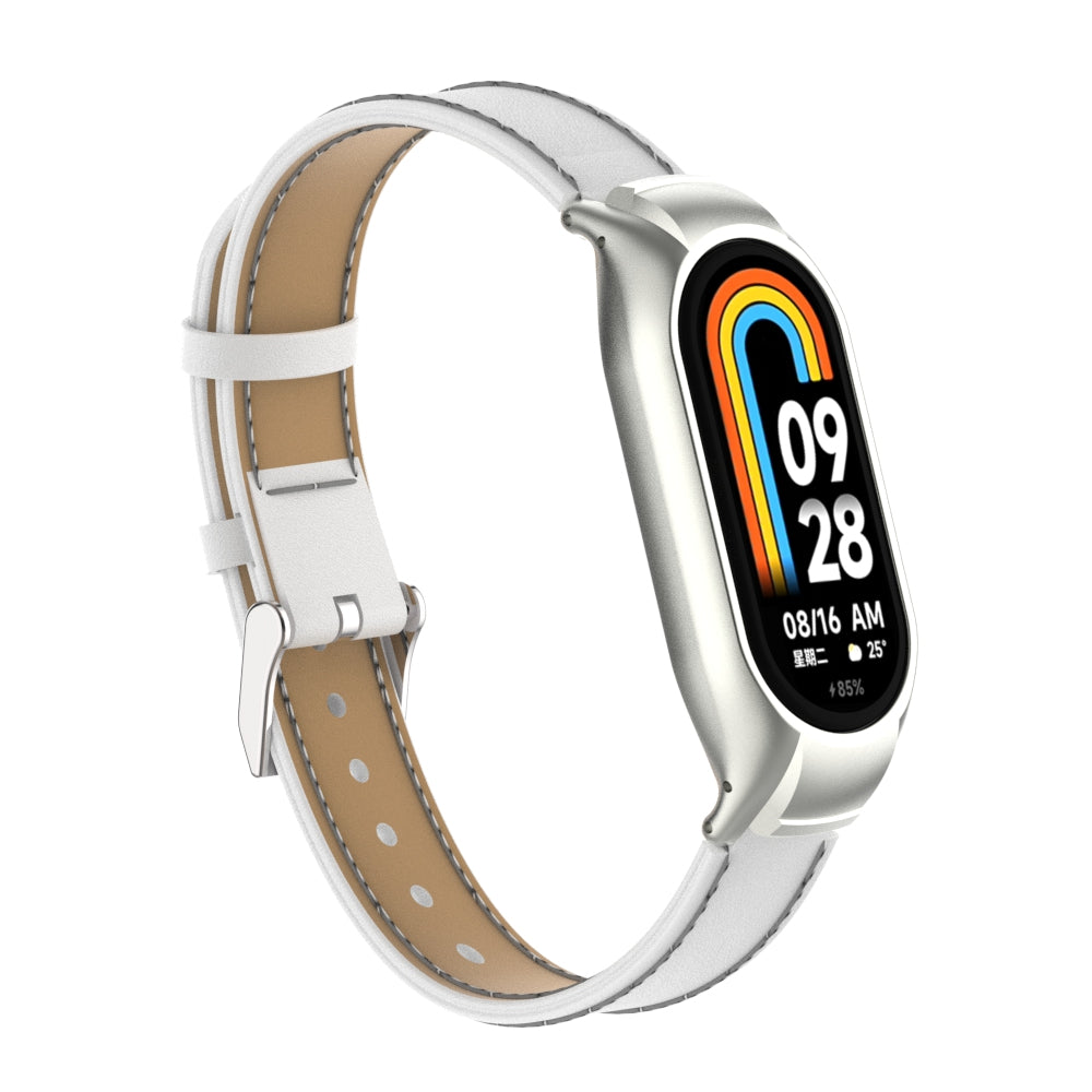 For Xiaomi Smart Band 8 Stitching Microfiber Leather Watch Band Replacement Strap with Metal Frame Case
