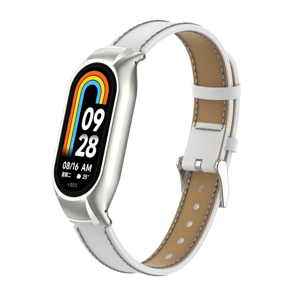 For Xiaomi Smart Band 8 Stitching Microfiber Leather Watch Band Replacement Strap with Metal Frame Case