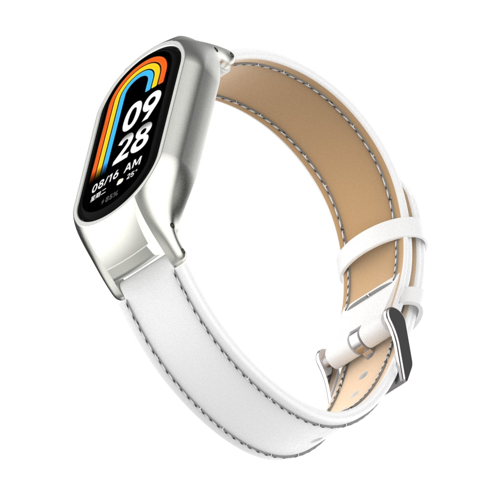 For Xiaomi Smart Band 8 Stitching Microfiber Leather Watch Band Replacement Strap with Metal Frame Case