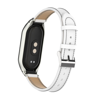 For Xiaomi Smart Band 8 Stitching Microfiber Leather Watch Band Replacement Strap with Metal Frame Case