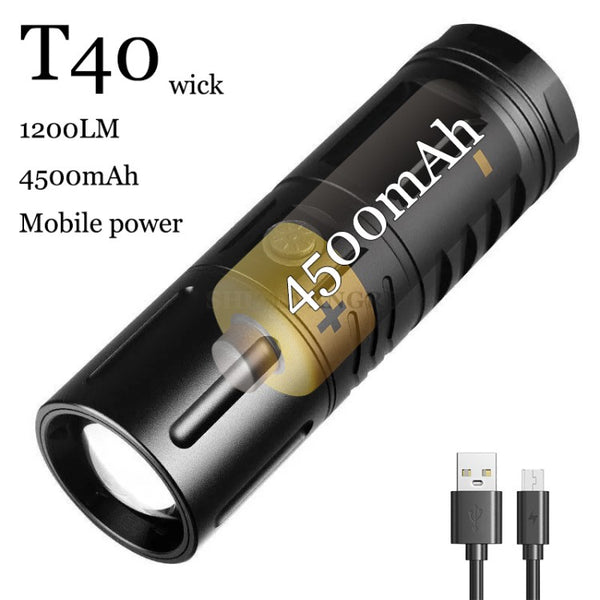 T40 Flashlight Telescopic Spotlight Portable High Bright LED Torch Light with Power Bank Function