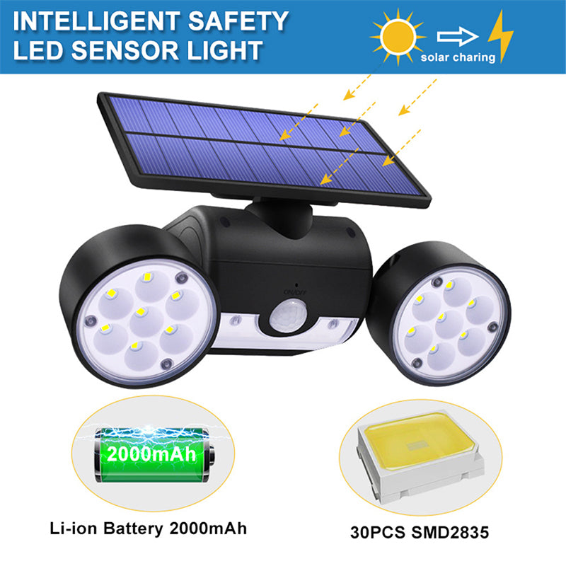 30-LED Solar Light Dual Head Solar Lamp PIR Motion Sensor Spotlight Waterproof Wall Outdoor Lights