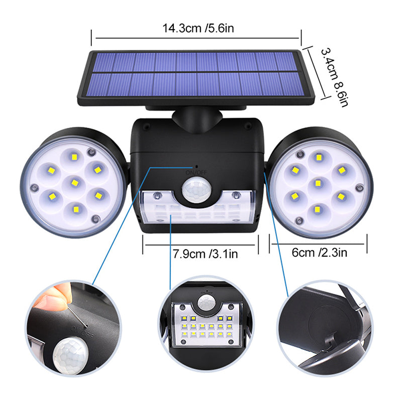 30-LED Solar Light Dual Head Solar Lamp PIR Motion Sensor Spotlight Waterproof Wall Outdoor Lights