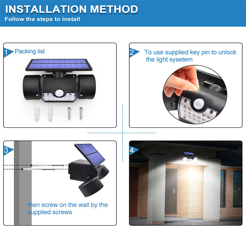 30-LED Solar Light Dual Head Solar Lamp PIR Motion Sensor Spotlight Waterproof Wall Outdoor Lights